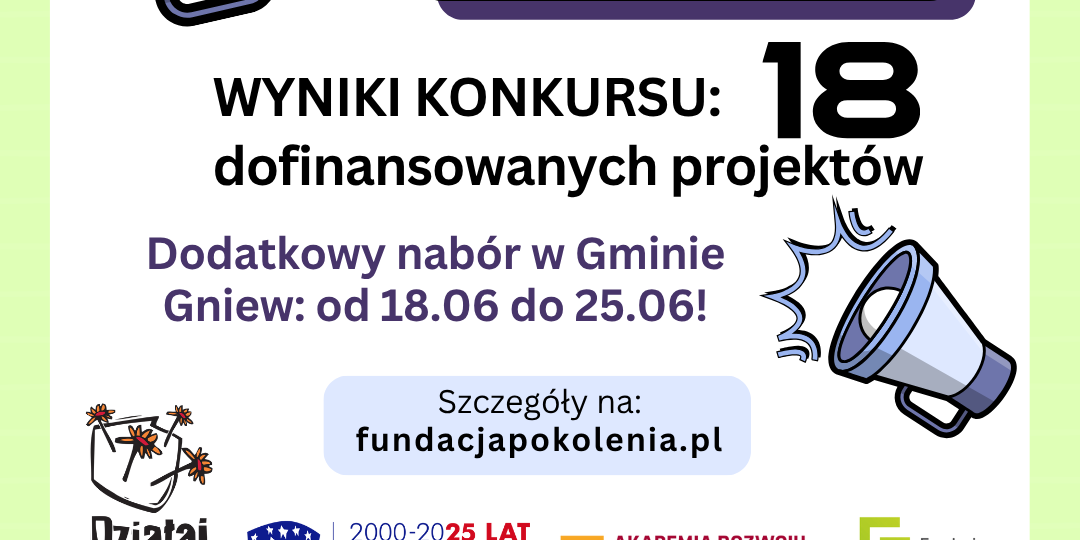 Grafika przedstawia ogłoszenie na jasnozielonym tle. Na górze znajduje się megafon z hasłem "Konkurs Działaj Lokalnie 2025". Niżej komunikat: Wyniki konkursu 18 dofinansowanych projektów. W centrum znajduje się także informacja: Dodatkowy nabór wniosków w Gminie Gniew od 18 do 25 czerwca. Pod nią pole z treścią: Szczegóły na www.fundacjapokolenia.pl. Poniżej znajdują się logotypy: Programu Działaj Lokalnie, Fundatora - Polsko-Amerykańskiej Fundacji Wolności, Realizatora - Akademii Rozwoju Filantropii w Polsce, Partnera lokalnego - Fundacji Pokolenia. Na dole grafiki znajduje się pasek z logotypami podmiotów współfinansujących konkurs: herb Województwa Pomorskiego oraz Miasta Tczew i Gmin: Tczew, Gniew, Morzeszczyn, Pelplin, Subkowy, Pszczółki oraz logo Banku Spółdzielczego w Tczewie.
