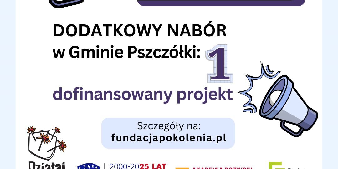 Grafika przedstawia ogłoszenie na jasnobłękitnym tle. Na górze znajduje się megafon z hasłem "Konkurs Działaj Lokalnie 2025". Niżej komunikat: Wyniki dodatkowego naboru w Gminie Pszczółki 1 dofinansowany projekt. Pod nim pole z treścią: Szczegóły na www.fundacjapokolenia.pl. Poniżej znajdują się logotypy: Programu Działaj Lokalnie, Fundatora - Polsko-Amerykańskiej Fundacji Wolności, Realizatora - Akademii Rozwoju Filantropii w Polsce, Partnera lokalnego - Fundacji Pokolenia. Na dole grafiki znajduje się pasek z logotypami podmiotów współfinansujących konkurs: herb Województwa Pomorskiego oraz Miasta Tczew i Gmin: Tczew, Gniew, Morzeszczyn, Pelplin, Subkowy, Pszczółki oraz logo Banku Spółdzielczego w Tczewie.